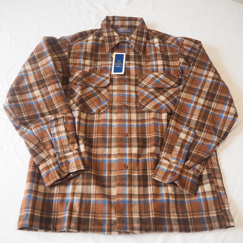 Vintage USA Pendleton Board Shirt Mens M Plaid Virgin Wool Loop Collar DEADSTOCK